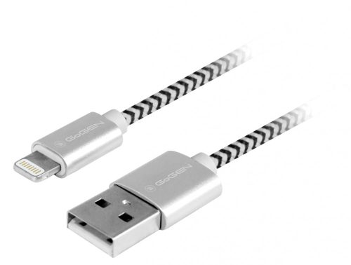 Gogen Lightning USB kábel 1m, textil borítás, ezüstös szín, Adat és töltő csatlakozó  Lightning kábel, USB 2.0 A - Lightning villa, fémes konnektorok