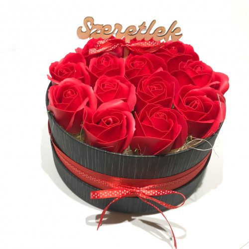 Szappanrózsa box, fekete rózsadoboz - piros - M