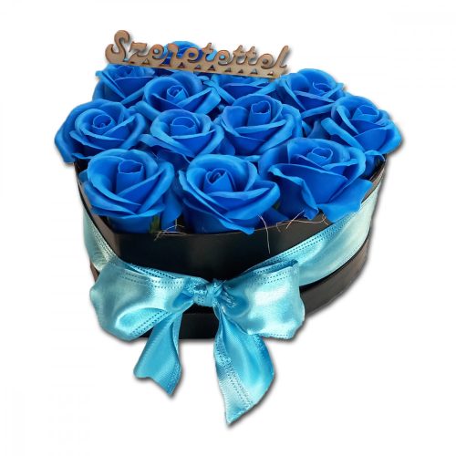 Szappanrózsa szívbox, fekete rózsadoboz - kék - S