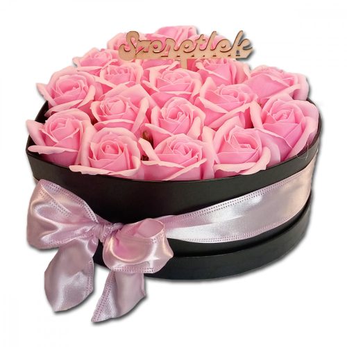 Szappanrózsa szívbox, fekete rózsadoboz - rózsaszín - S