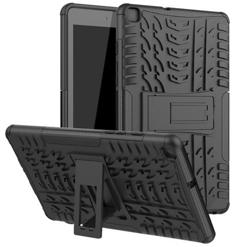 Samsung Galaxy Tab A 8.0 (2019) SM-T290 / T295, Műanyag hátlap védőtok, Defender, kitámasztóval és szilikon belsővel, autógumi minta, Fekete