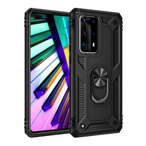 LG K30 (2019), Műanyag hátlap védőtok, közepesen ütésálló, szilikon belső, telefontartó gyűrű, Defender, Fekete