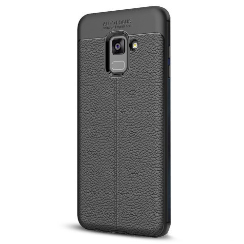 Samsung Galaxy A8 Plus (2018) SM-A730F, TPU szilikon tok, bőrhatású, varrásminta, Fekete