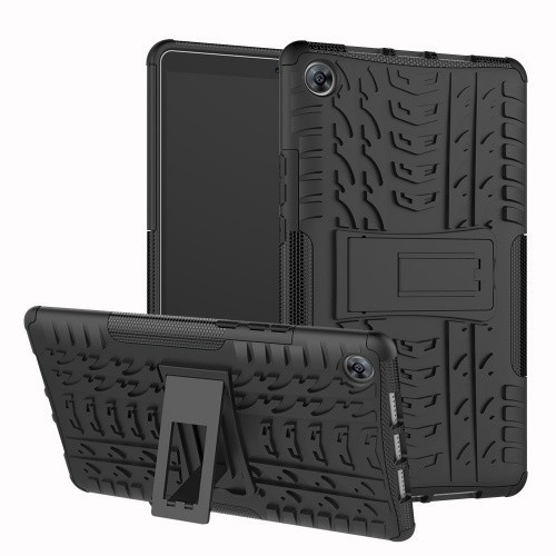 Huawei Mediapad M5 8.4, Műanyag hátlap védőtok, Defender, kitámasztóval és szilikon belsővel, autógumi minta, Fekete
