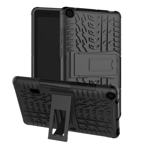 Huawei Mediapad T3 7.0, Műanyag hátlap védőtok, Defender, kitámasztóval és szilikon belsővel, autógumi minta, Fekete